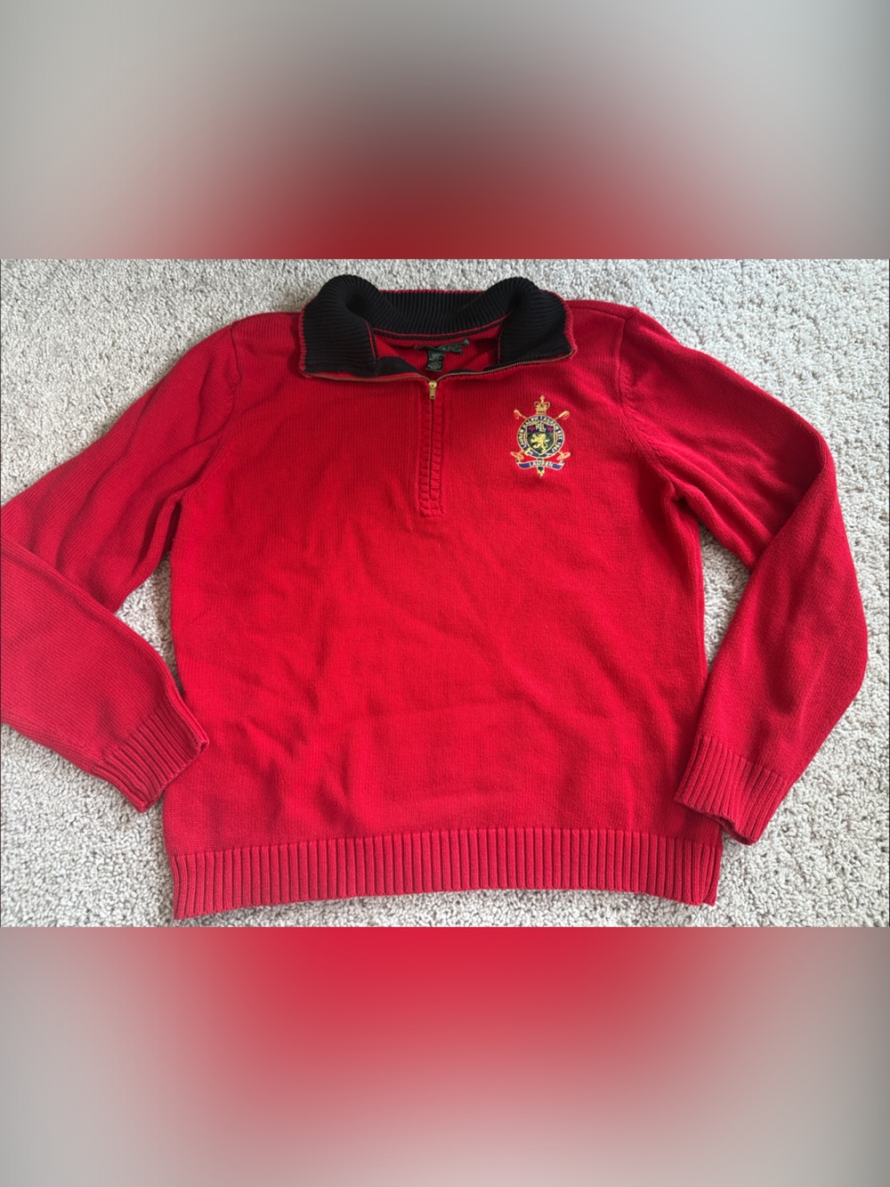 Vintage Ralph Lauren Red Half-Zip Sweater with Crest Embroidery XL